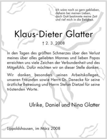 Traueranzeige von Klaus-Dieter Glatter von HNA