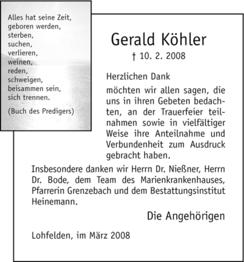  Traueranzeige für Gerald Köhler vom 28.03.2008 aus HNA