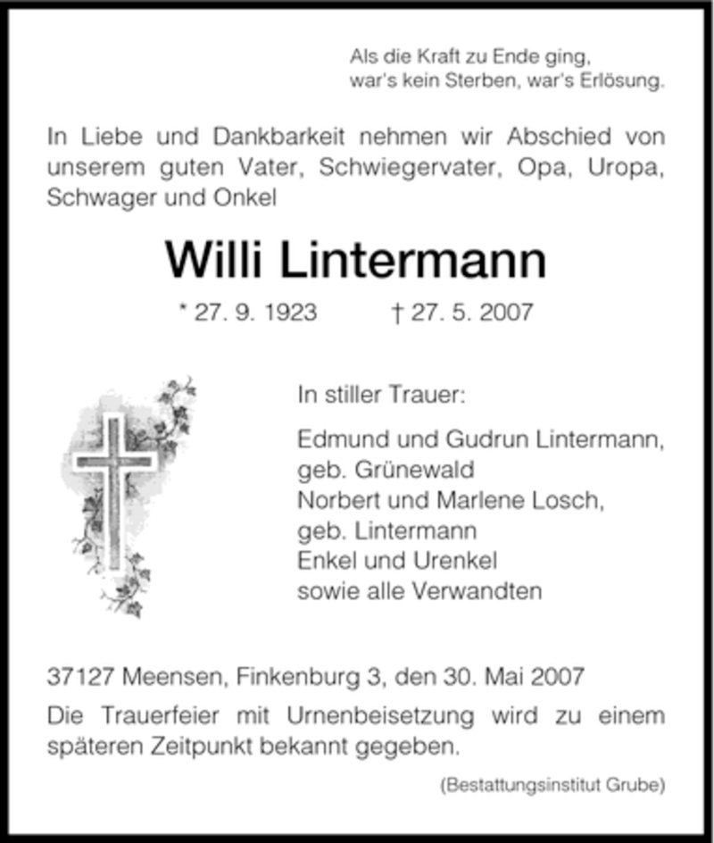  Traueranzeige für Willi Lintermann vom 30.05.2007 aus HNA