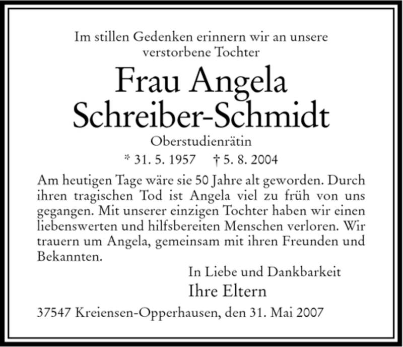 Traueranzeige für Angela Schreiber-­Schmidt vom 31.05.2007 aus HNA