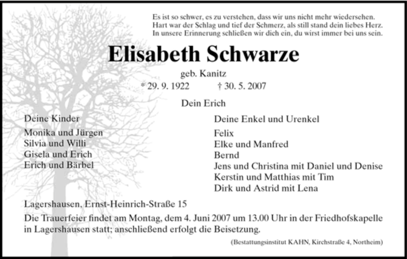 Traueranzeigen Von Elisabeth Schwarze Trauer Hna De