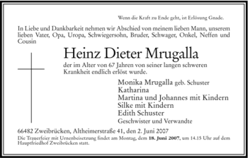 Traueranzeige von Heinz Dieter Mrugalla von HNA
