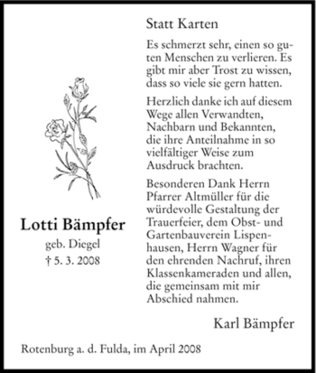 Traueranzeige von Lotti Bämpfer von HNA
