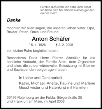 Traueranzeige von Anton Schäfer von HNA