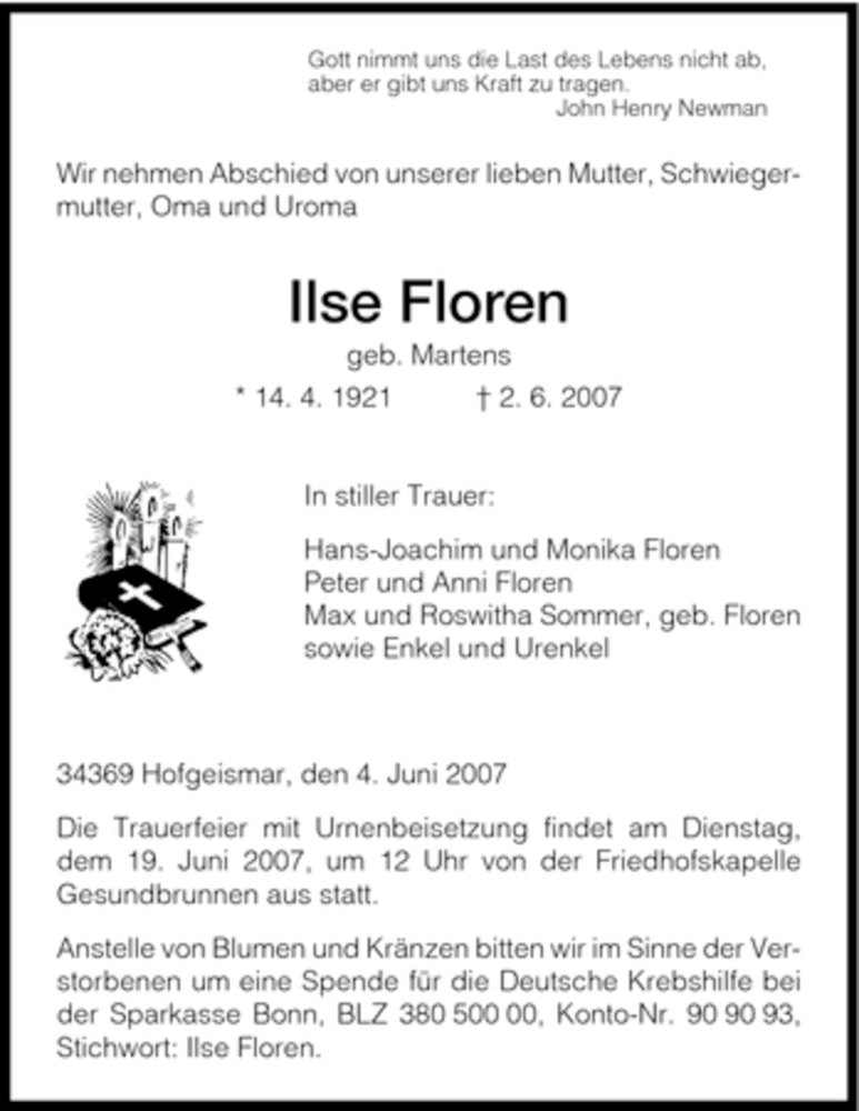  Traueranzeige für Ilse Floren vom 06.06.2007 aus HNA
