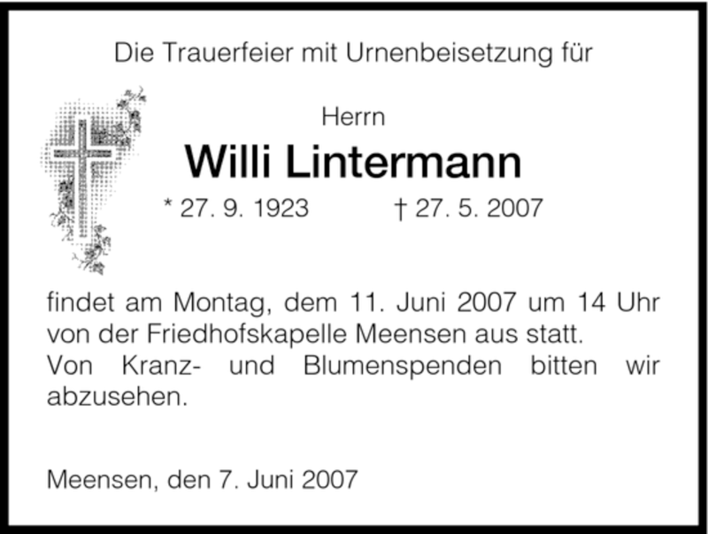  Traueranzeige für Willi Lintermann vom 07.06.2007 aus HNA