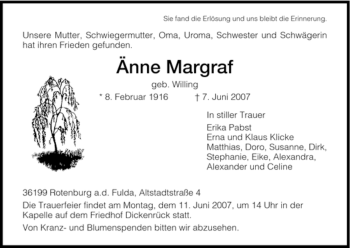 Traueranzeige von Änne Margraf von HNA