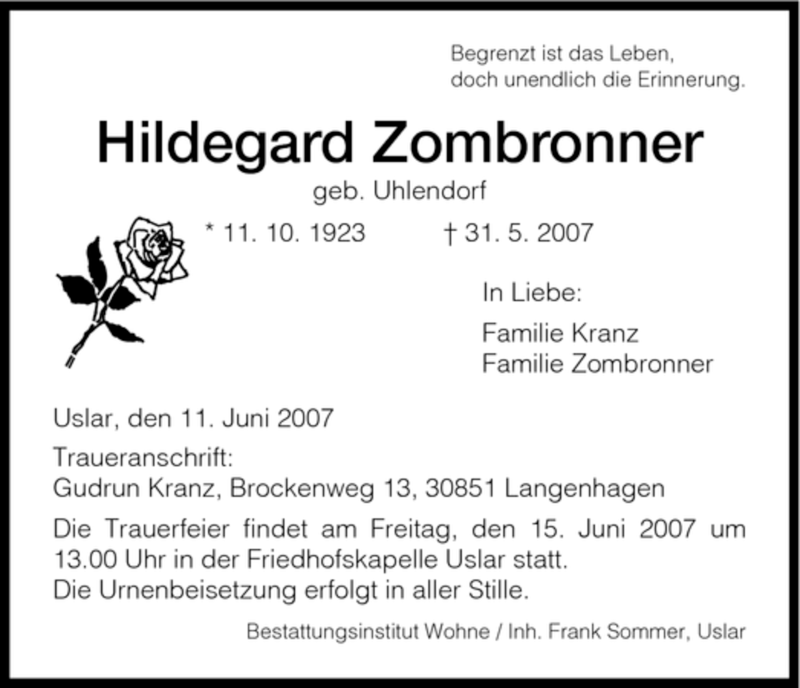  Traueranzeige für Hildegard Zombronner vom 11.06.2007 aus HNA