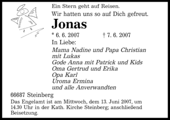 Traueranzeige von Unbekannt Jonas von HNA