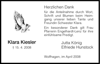Traueranzeige von Klara Kiesler von HNA