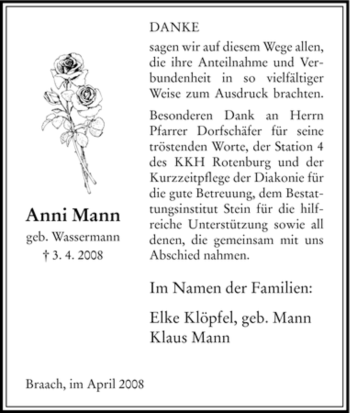 Traueranzeige von Anni Mann von HNA