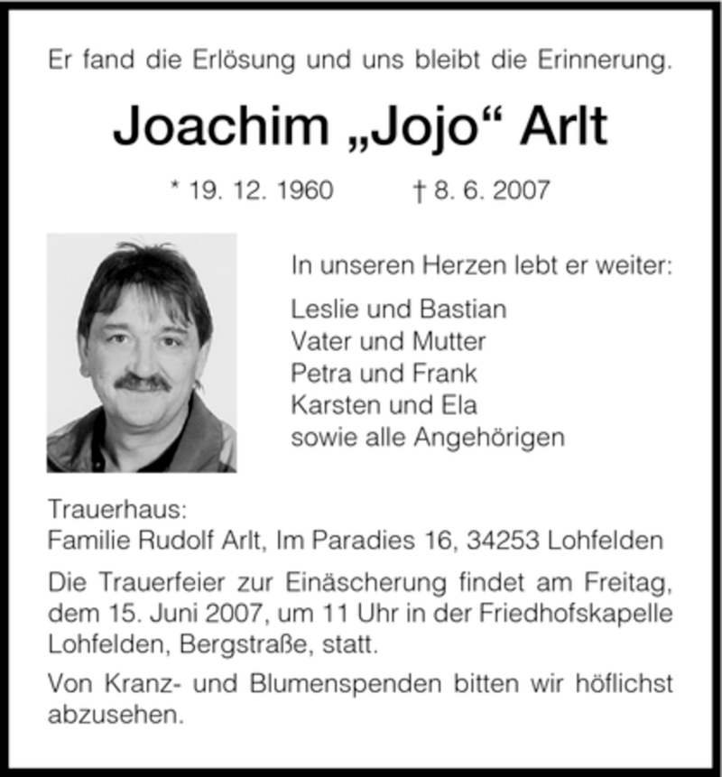  Traueranzeige für Joachim Arlt vom 14.06.2007 aus HNA