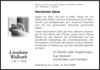 Traueranzeige von Lieselotte Wollrath von HNA
