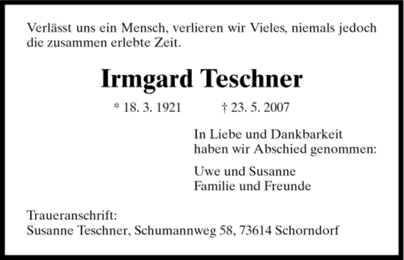  Traueranzeige für Irmgard Teschner vom 16.06.2007 aus HNA