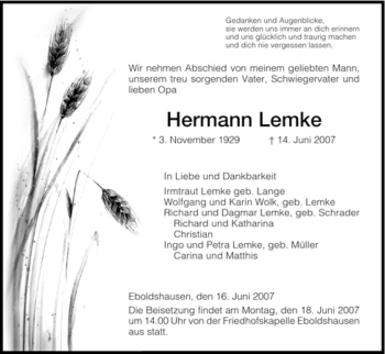 Traueranzeige von Hermann Lemke von HNA