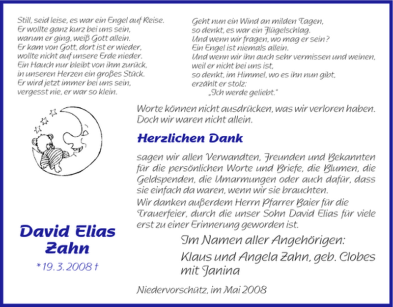  Traueranzeige für David Elias Zahn vom 03.05.2008 aus HNA