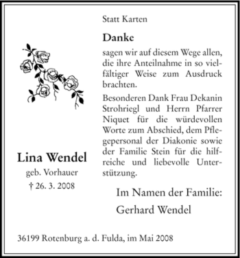 Traueranzeige von Lina Wendel von HNA