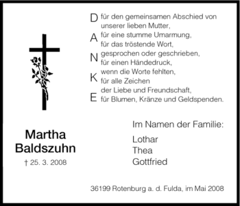Traueranzeige von Martha Baldszuhn von HNA