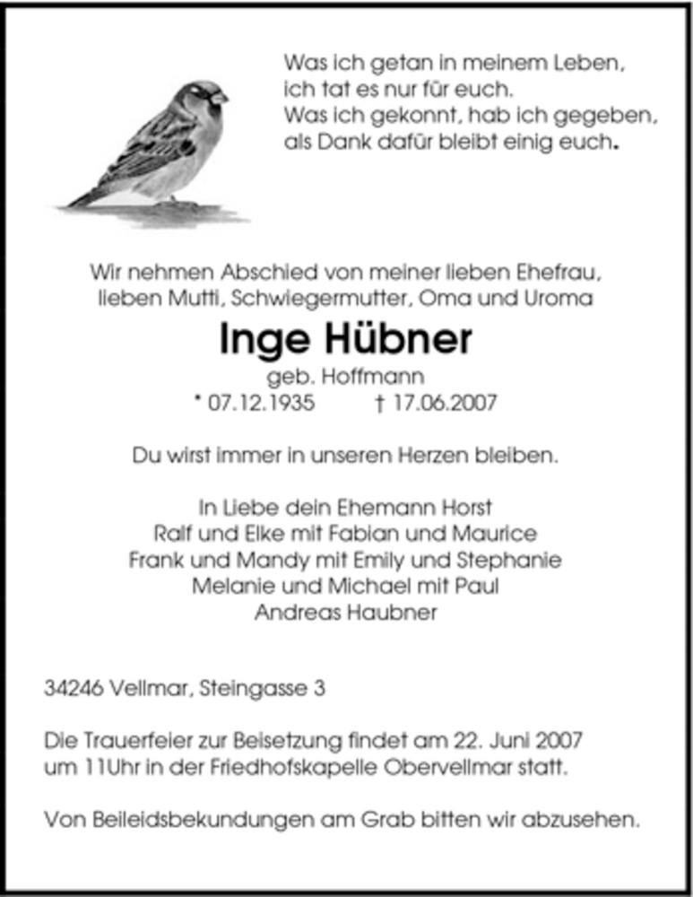  Traueranzeige für Inge Hübner vom 19.06.2007 aus HNA