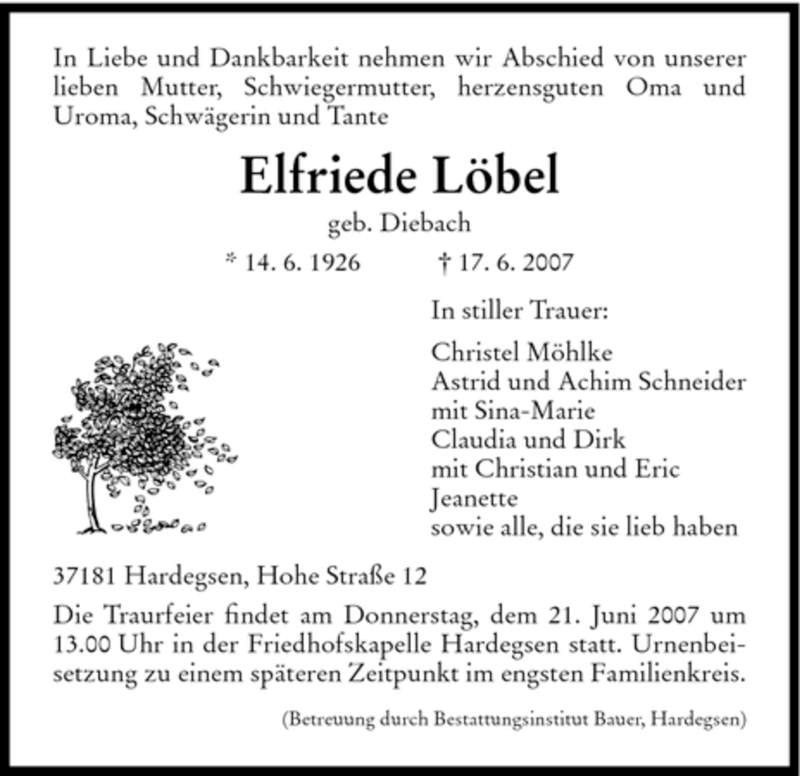  Traueranzeige für Elfriede Löbel vom 19.06.2007 aus HNA