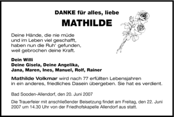 Traueranzeige von Mathilde Volkmar von HNA