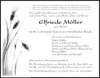 Traueranzeige von Elfriede Möller von HNA