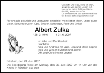 Traueranzeige von Albert Zulka von HNA