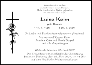 Traueranzeige von Luise Keim von HNA