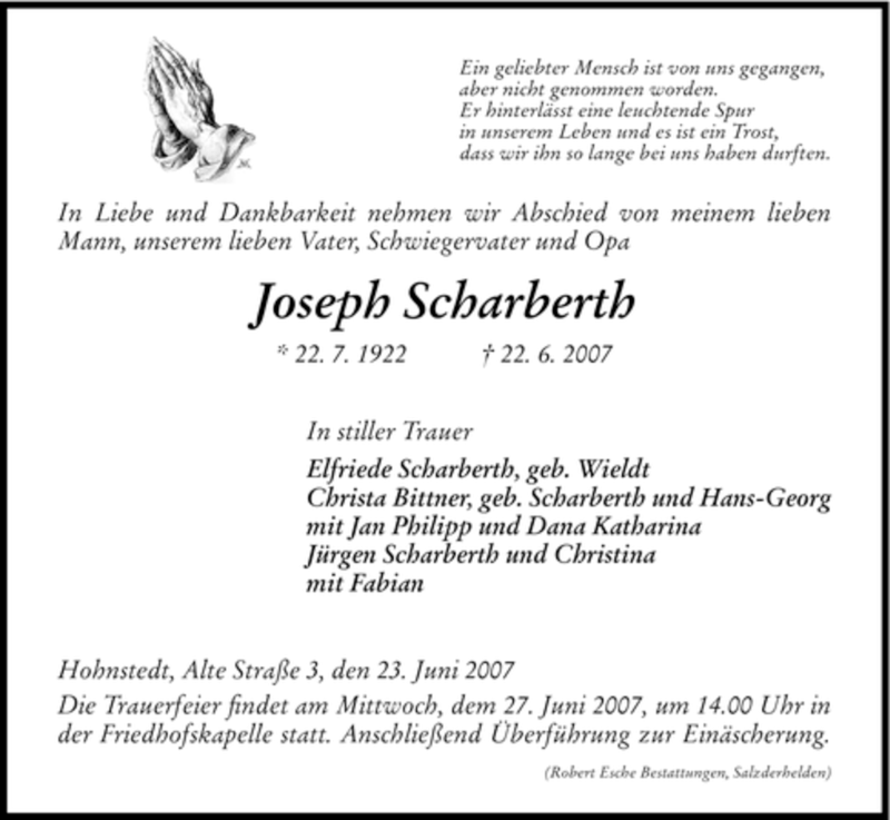  Traueranzeige für Joseph Scharberth vom 25.06.2007 aus HNA