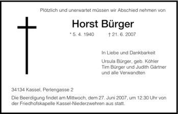 Traueranzeige von Horst Bürger von HNA