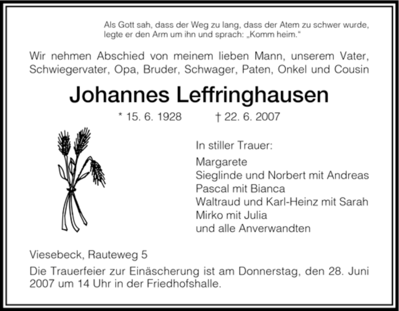  Traueranzeige für Johannes Leffringhausen vom 25.06.2007 aus HNA