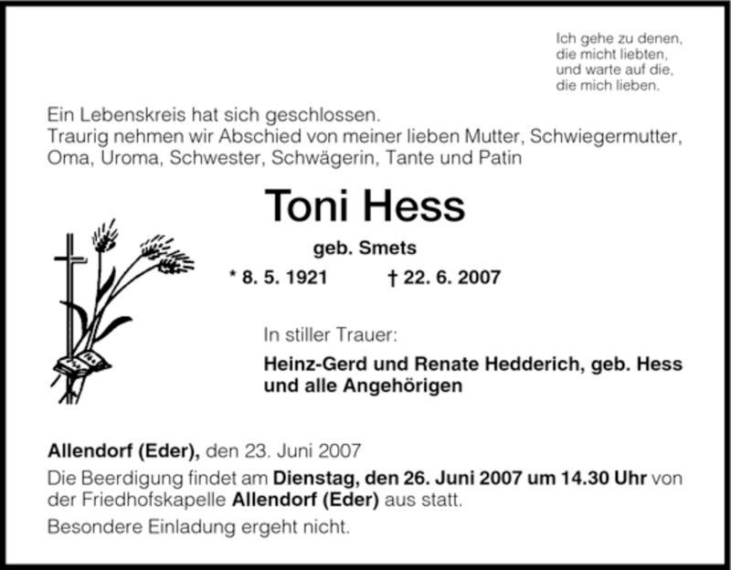  Traueranzeige für Toni Hess vom 25.06.2007 aus HNA