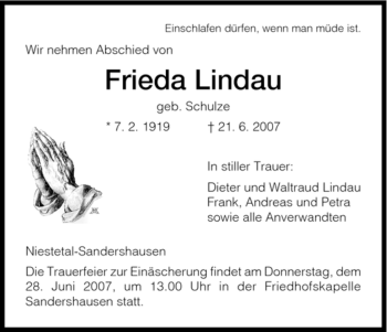 Traueranzeige von Frieda Lindau von HNA