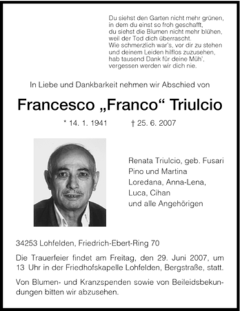 Traueranzeige von Francesco Triulcio von HNA