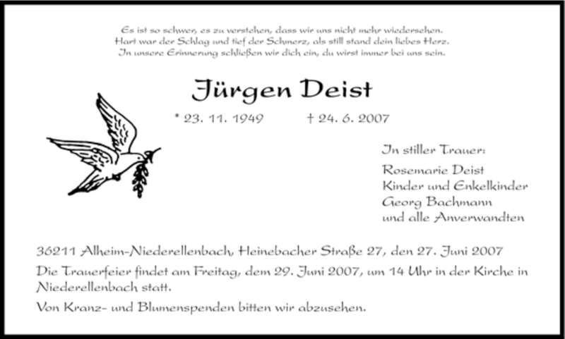 Traueranzeige für Jürgen Deist vom 27.06.2007 aus HNA