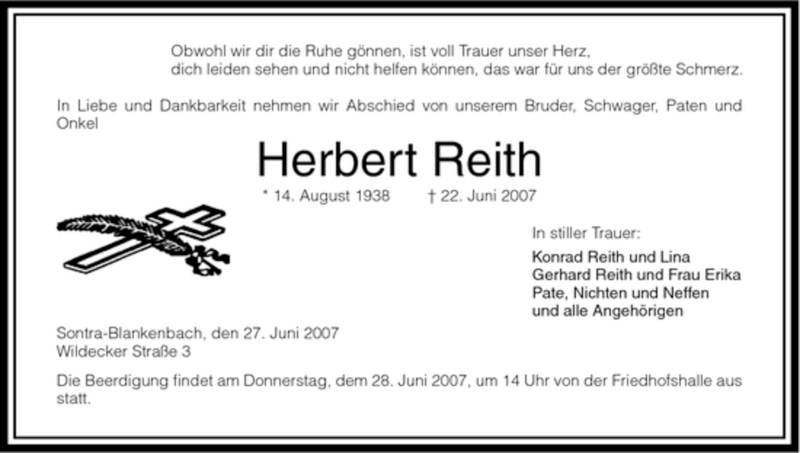  Traueranzeige für Herbert Reith vom 27.06.2007 aus HNA
