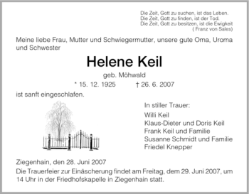 Traueranzeige von Helene Keil von HNA