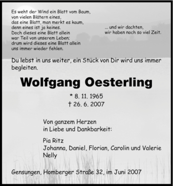 Traueranzeige von Wolfgang Oesterling von HNA