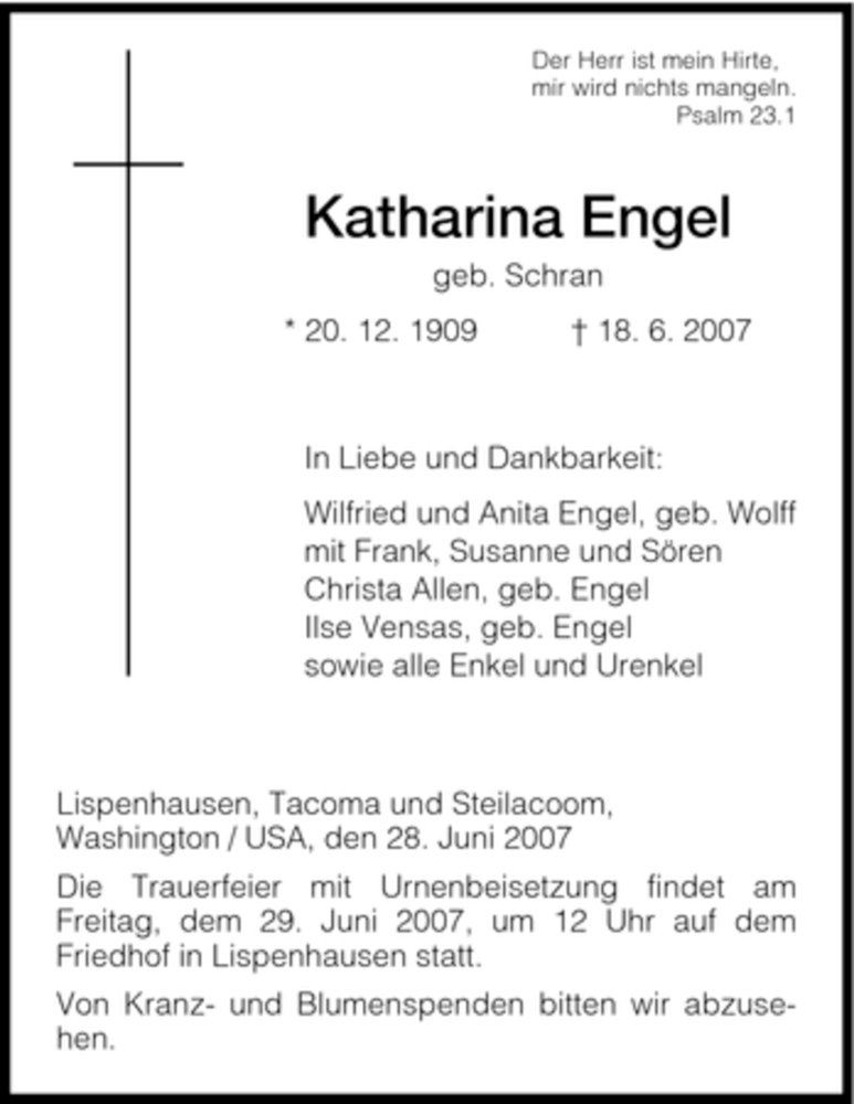  Traueranzeige für Katharina Engel vom 28.06.2007 aus HNA