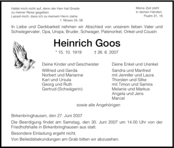 Traueranzeige von Heinrich Goos von HNA