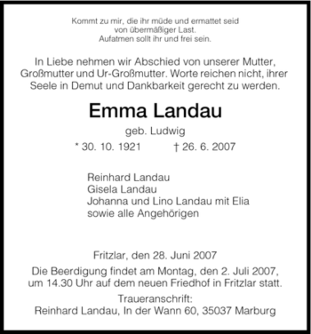 Traueranzeige von Emma Landau von HNA