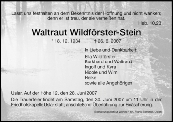 Traueranzeige von Waltraut Wildförster-Stein von HNA