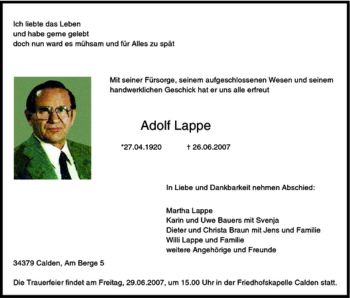 Traueranzeige von Adolf Lappe von HNA