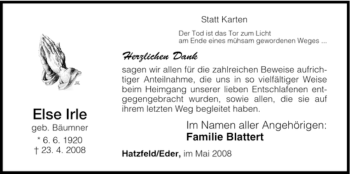 Traueranzeige von Else Irle von HNA