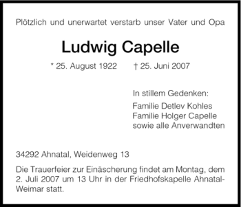 Traueranzeige von Ludwig Capelle von HNA