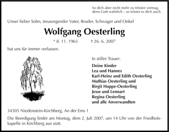 Traueranzeige von Wolfgang Oesterling von HNA