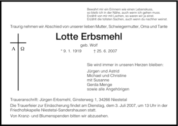 Traueranzeige von Lotte Erbsmehl von HNA