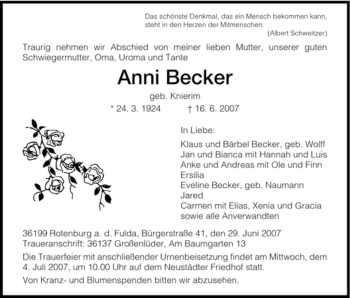 Traueranzeige von Anni Becker von HNA