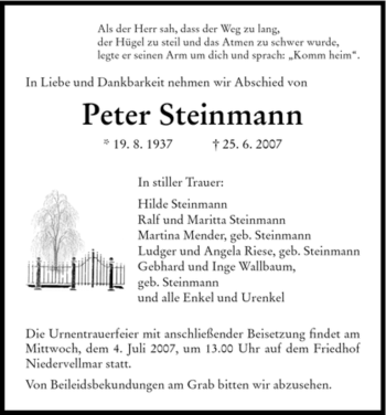 Traueranzeige von Peter Steinmann von HNA