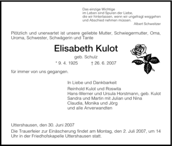 Traueranzeige von Elisabeth Kulot von HNA